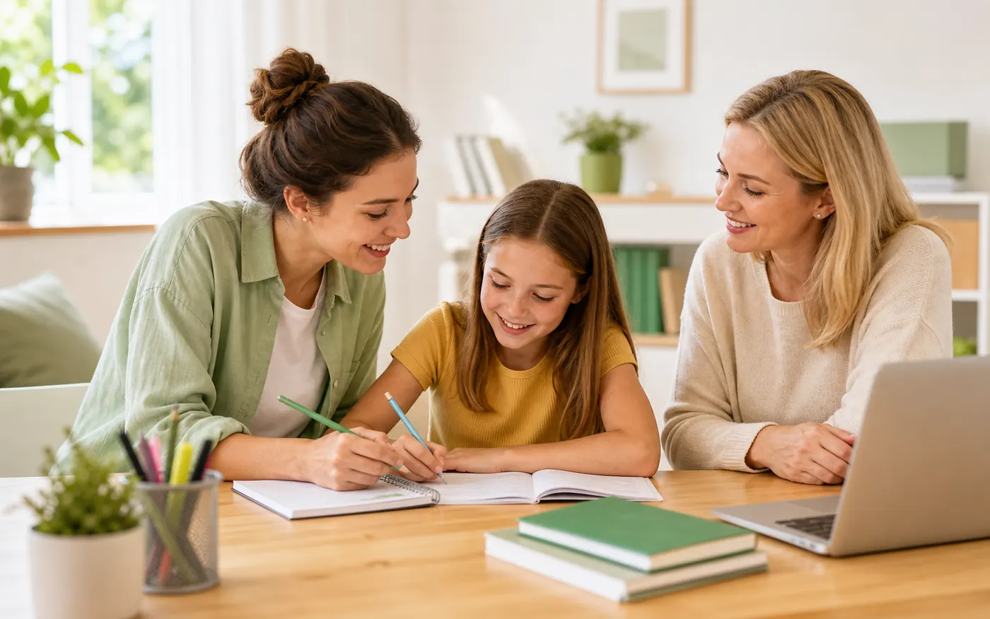 Kind, Elternteil und Tutor arbeiten gemeinsam an einer Nachhilfe-Aufgabe